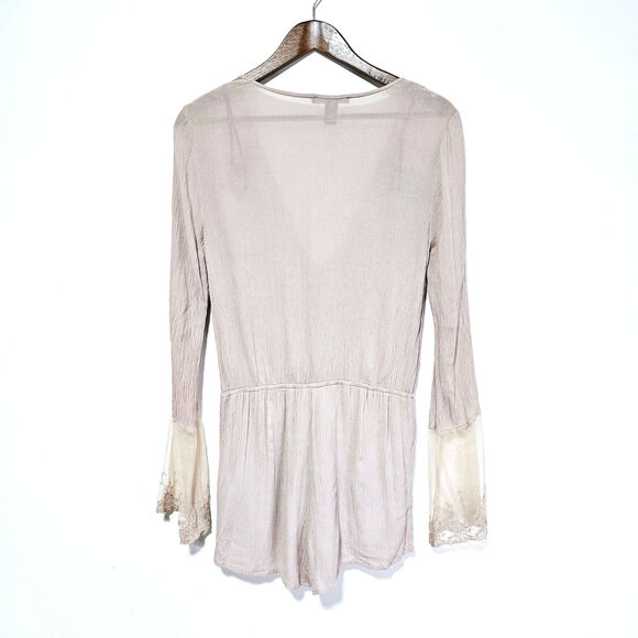 Forever 21 Romper Long Bell Sleeve Lace Tie Front Crinkled Lined Women's Size S - Picture 2 of 6
